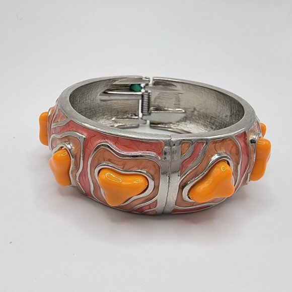 Vintage Cuff Bracelet Ornate Orange‎ Stones Clamp Hinge Boho - Picture 1 of 4